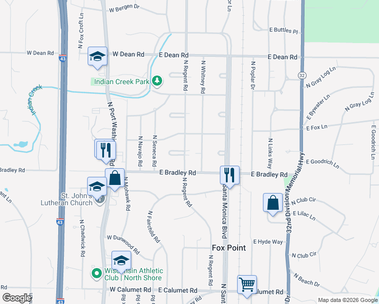 map of restaurants, bars, coffee shops, grocery stores, and more near 8039 North Whitney Road in Fox Point