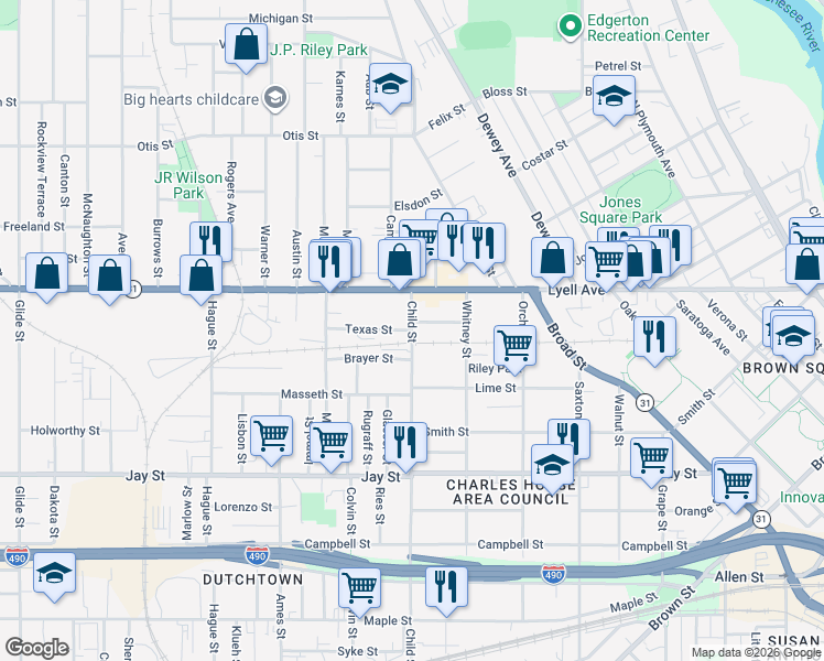 map of restaurants, bars, coffee shops, grocery stores, and more near Child St & Texas St in Rochester