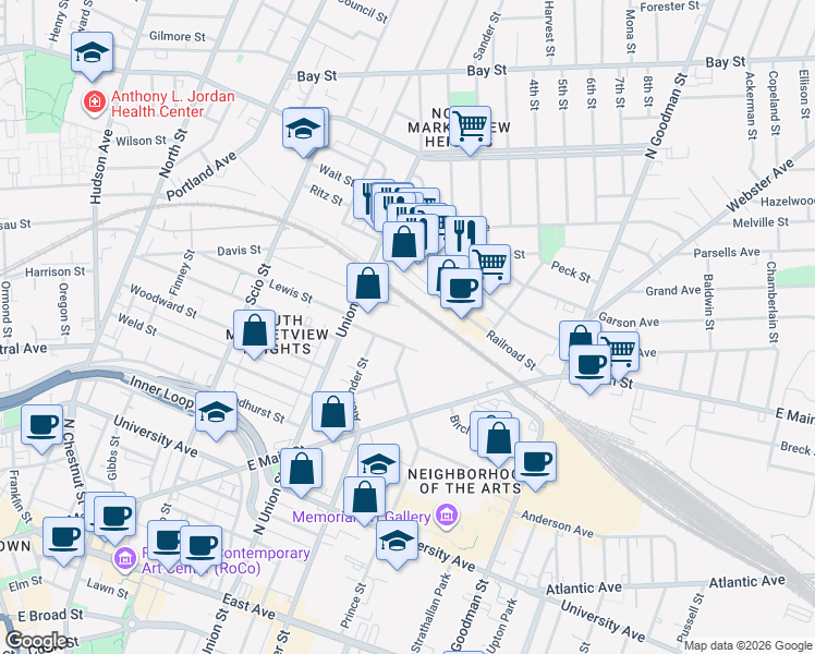 map of restaurants, bars, coffee shops, grocery stores, and more near 4 Champeney Terrace in Rochester
