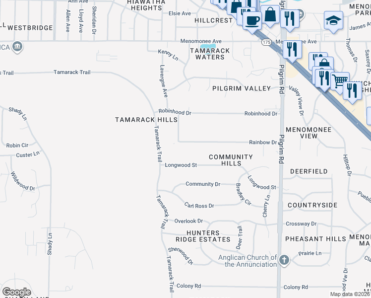 map of restaurants, bars, coffee shops, grocery stores, and more near W163N8063 Hiawatha Court in Menomonee Falls