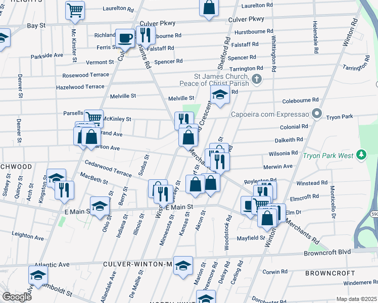 map of restaurants, bars, coffee shops, grocery stores, and more near 559 Merchants Road in Rochester