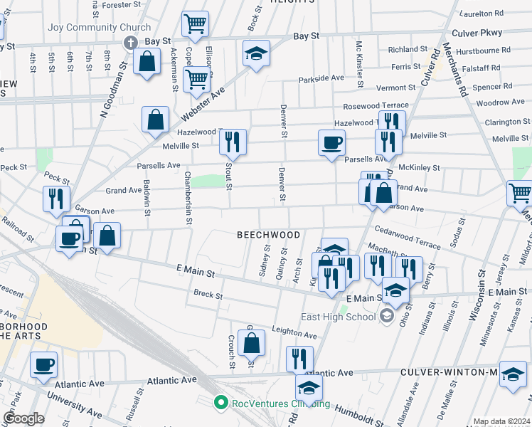 map of restaurants, bars, coffee shops, grocery stores, and more near 594 Garson Avenue in Rochester
