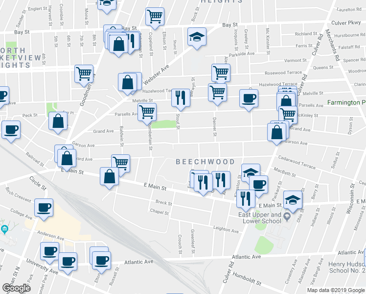 map of restaurants, bars, coffee shops, grocery stores, and more near 542 Garson Avenue in Rochester