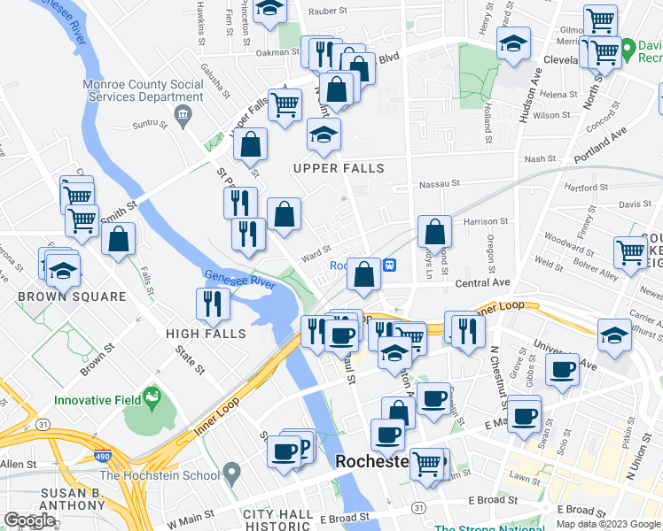 map of restaurants, bars, coffee shops, grocery stores, and more near 10 Ward Street in Rochester