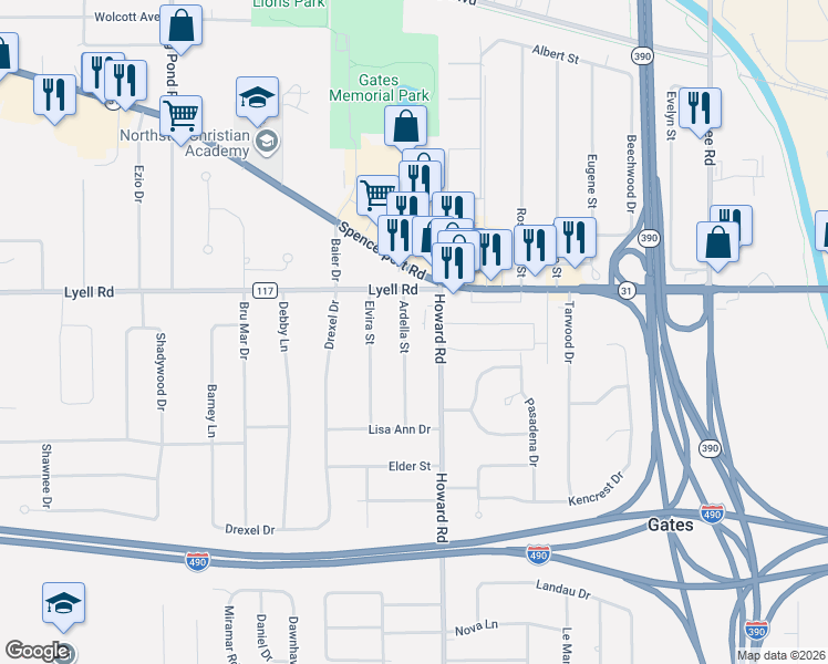 map of restaurants, bars, coffee shops, grocery stores, and more near 34 Ardella Street in Rochester