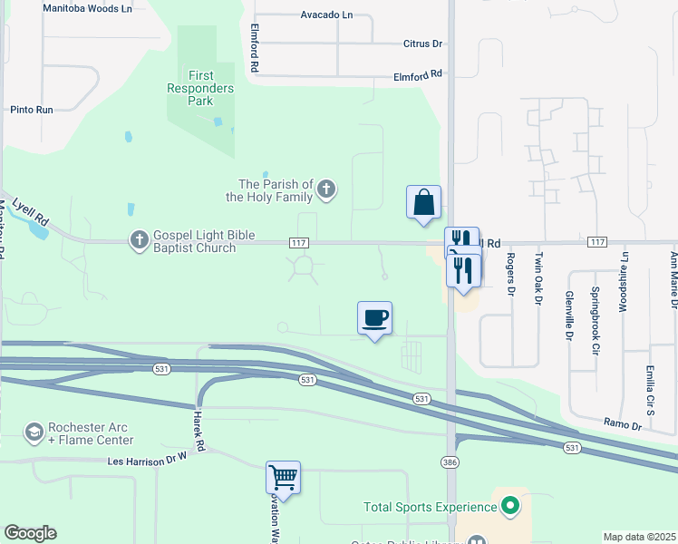 map of restaurants, bars, coffee shops, grocery stores, and more near 4099 Lyell Road in Rochester