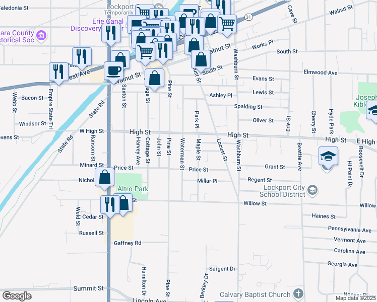 map of restaurants, bars, coffee shops, grocery stores, and more near 133 Waterman Street in Lockport