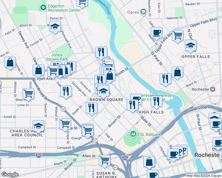 map of restaurants, bars, coffee shops, grocery stores, and more near 511-527 State Street in Rochester