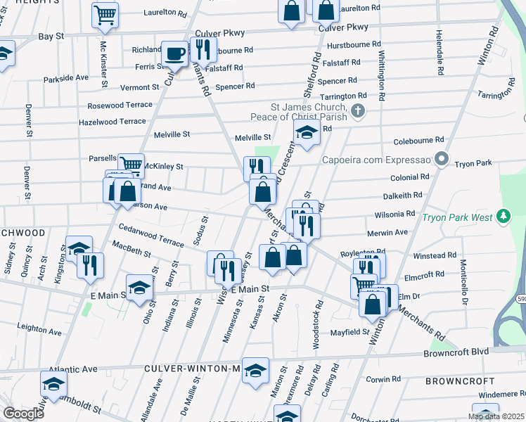 map of restaurants, bars, coffee shops, grocery stores, and more near 559 Merchants Road in Rochester
