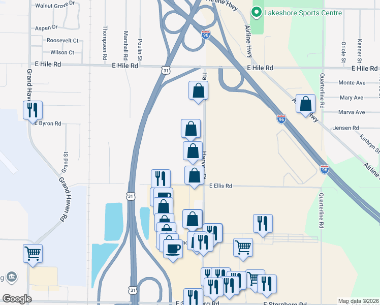 map of restaurants, bars, coffee shops, grocery stores, and more near 4851 Harvey Street in Norton Shores