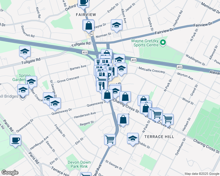 map of restaurants, bars, coffee shops, grocery stores, and more near 58 King George Road in Brantford