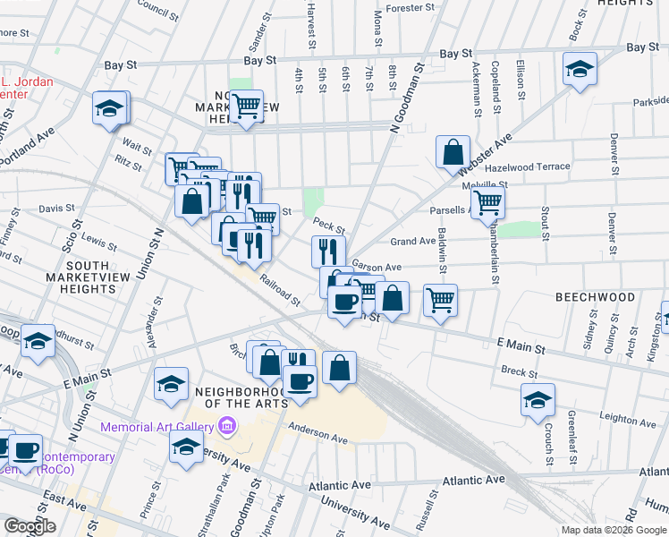 map of restaurants, bars, coffee shops, grocery stores, and more near 551 Goodman Street North in Rochester