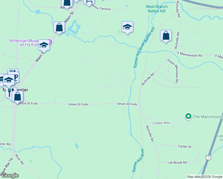 map of restaurants, bars, coffee shops, grocery stores, and more near 396 Equinox on The Battenkill in Manchester