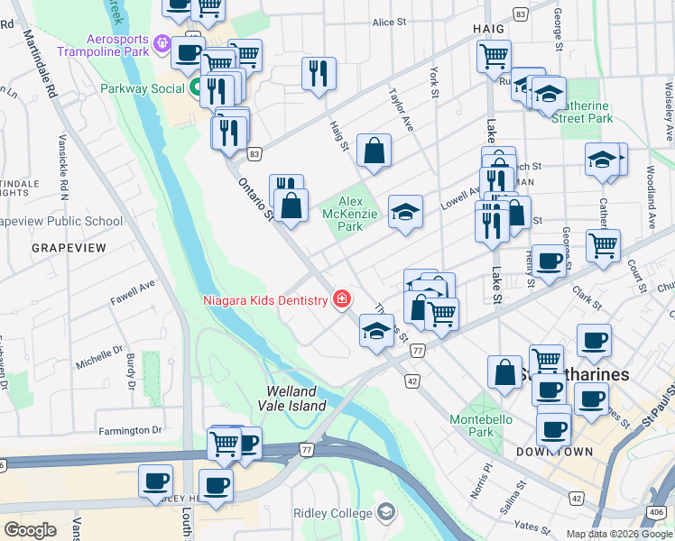 map of restaurants, bars, coffee shops, grocery stores, and more near 2 Lowell Avenue in St. Catharines
