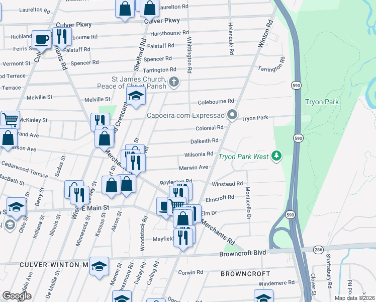 map of restaurants, bars, coffee shops, grocery stores, and more near 107 Dalkeith Road in Rochester