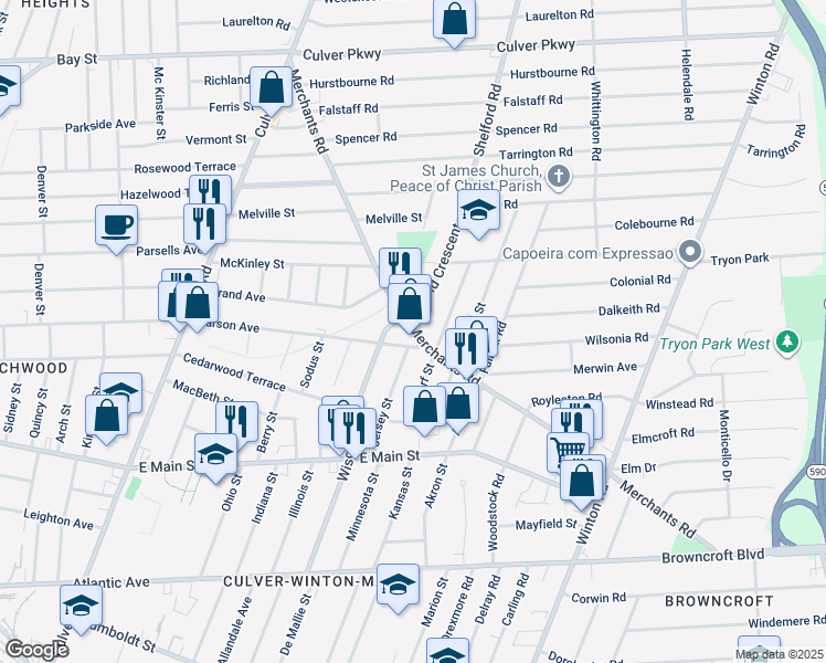 map of restaurants, bars, coffee shops, grocery stores, and more near 141 Mildorf Street in Rochester