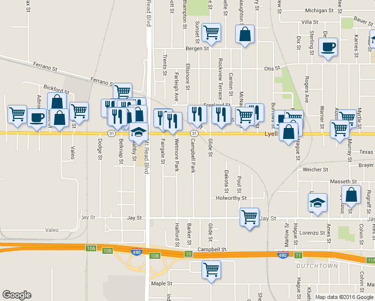 map of restaurants, bars, coffee shops, grocery stores, and more near 218 Wetmore Park in Rochester