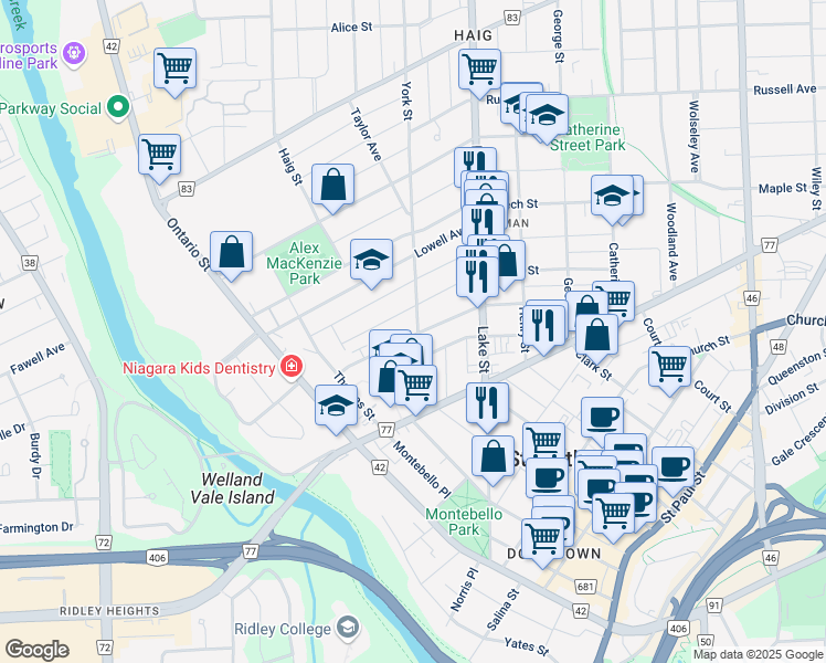 map of restaurants, bars, coffee shops, grocery stores, and more near in St. Catharines