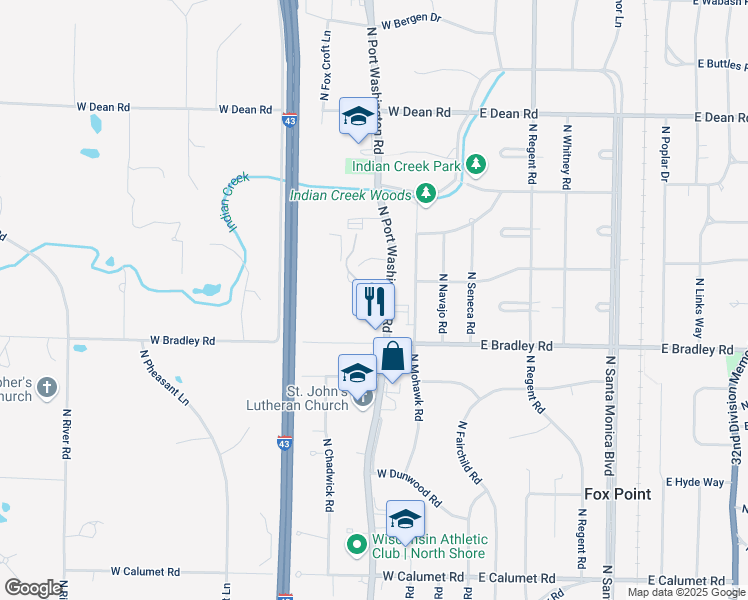 map of restaurants, bars, coffee shops, grocery stores, and more near 230 425 West Willow Court in Fox Point