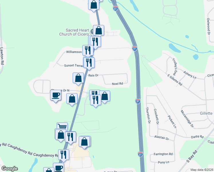 map of restaurants, bars, coffee shops, grocery stores, and more near 5781 Noel Road in Cicero