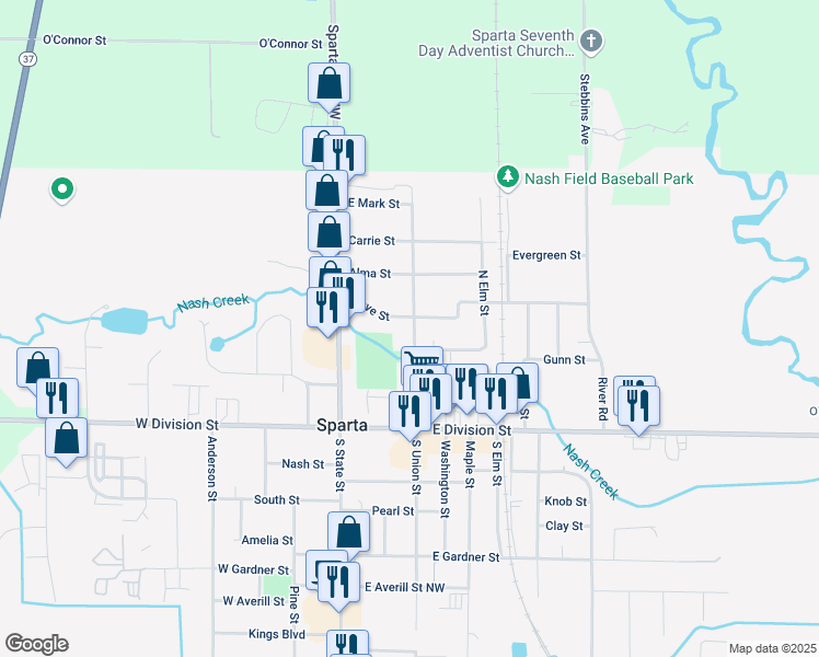 map of restaurants, bars, coffee shops, grocery stores, and more near 157 North Union Street in Sparta
