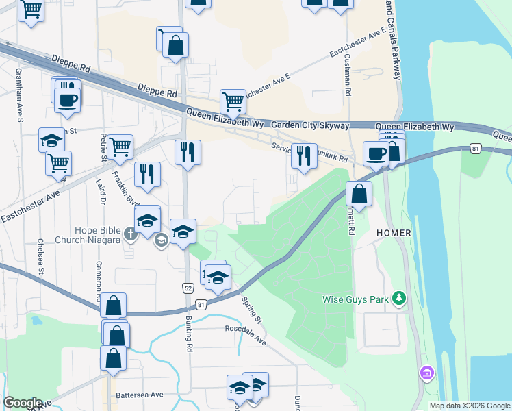 map of restaurants, bars, coffee shops, grocery stores, and more near in St. Catharines