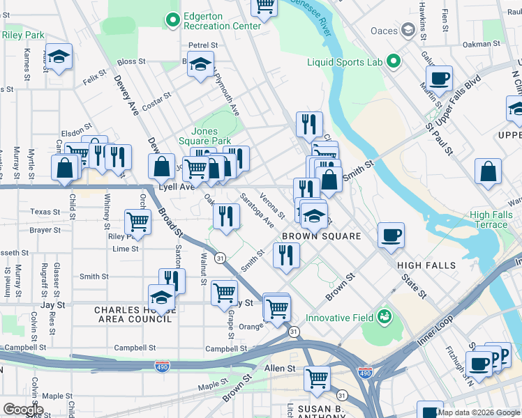 map of restaurants, bars, coffee shops, grocery stores, and more near 72 Saratoga Avenue in Rochester