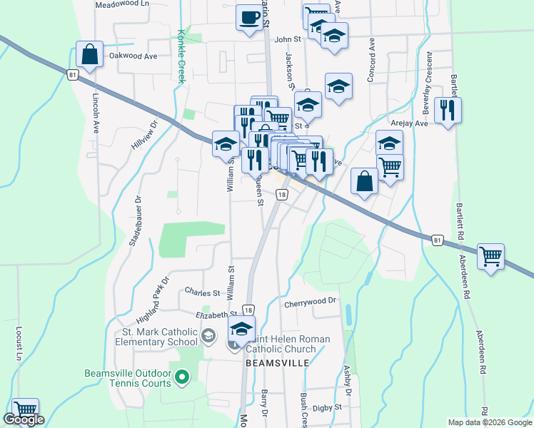 map of restaurants, bars, coffee shops, grocery stores, and more near 4245 Queen Street in Lincoln