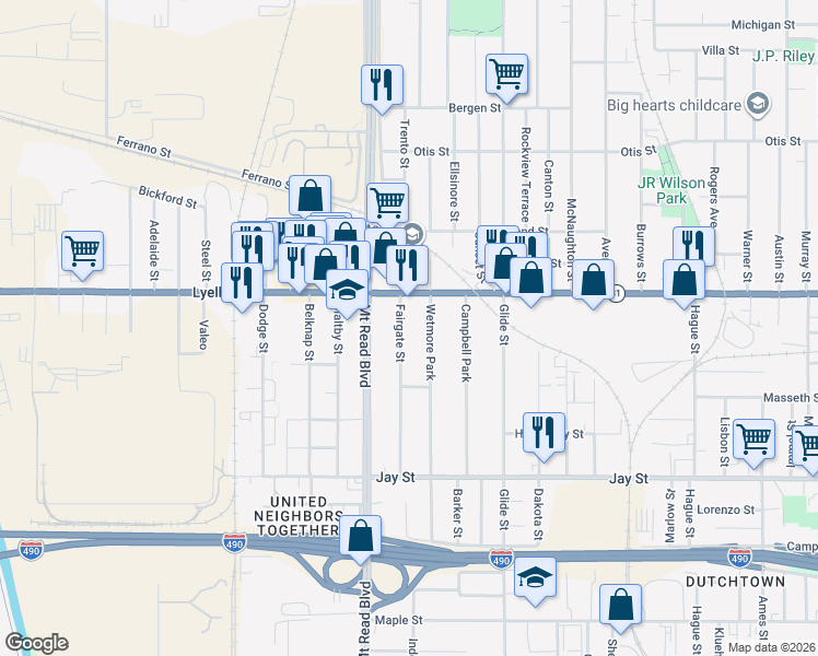 map of restaurants, bars, coffee shops, grocery stores, and more near 222 Fairgate Street in Rochester