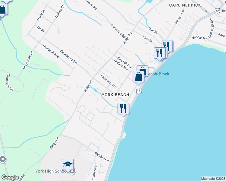 map of restaurants, bars, coffee shops, grocery stores, and more near 8 Beach Street in York