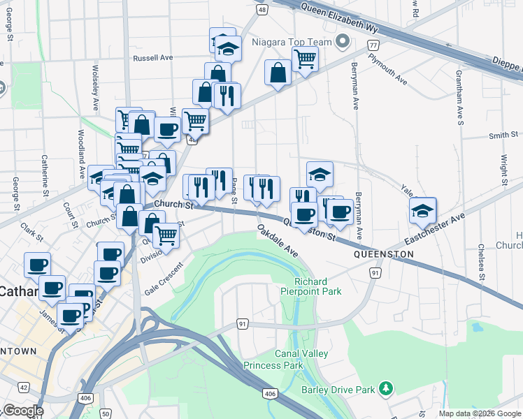 map of restaurants, bars, coffee shops, grocery stores, and more near 121 Queenston Street in St. Catharines