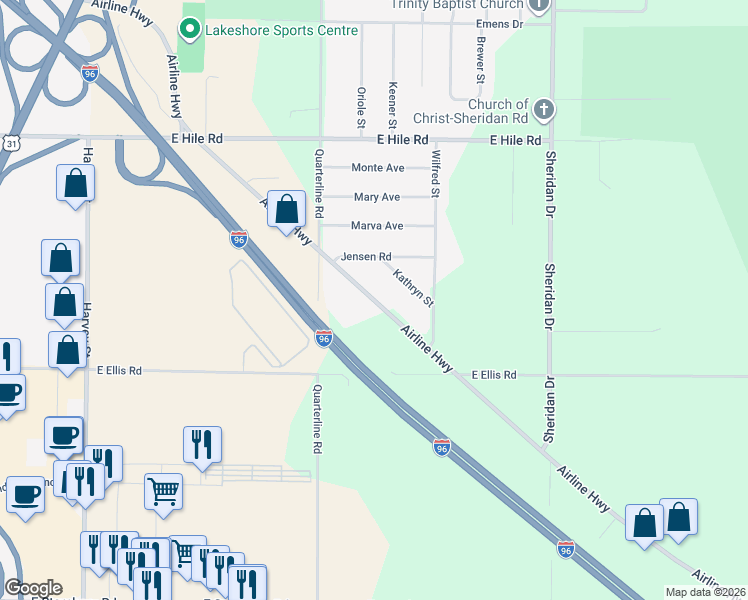 map of restaurants, bars, coffee shops, grocery stores, and more near 4874 Airline Road in Muskegon