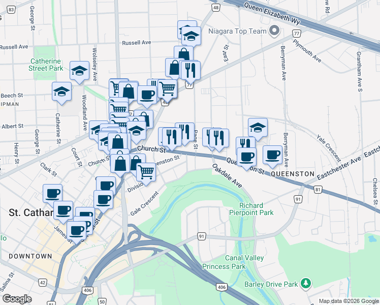 map of restaurants, bars, coffee shops, grocery stores, and more near in St. Catharines