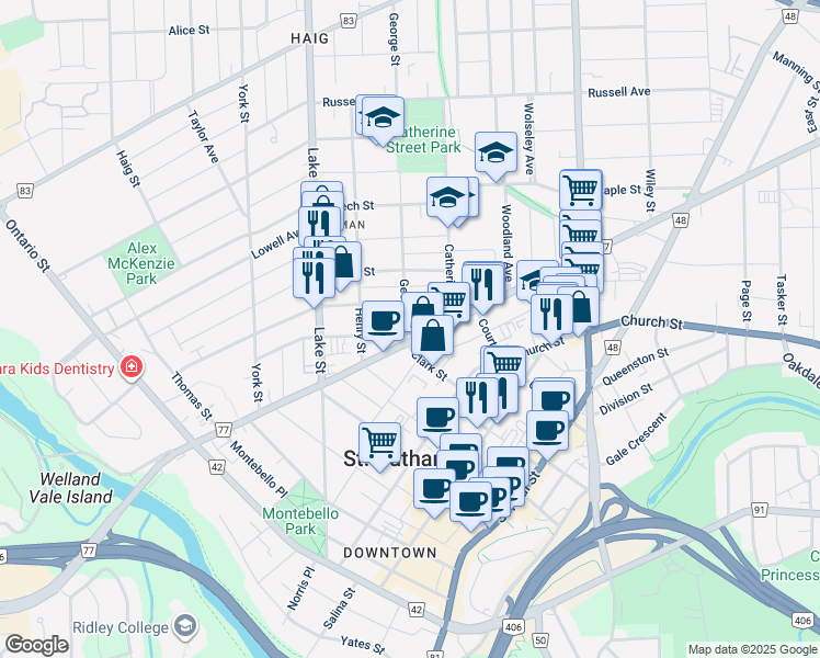 map of restaurants, bars, coffee shops, grocery stores, and more near 2 George Street in St. Catharines