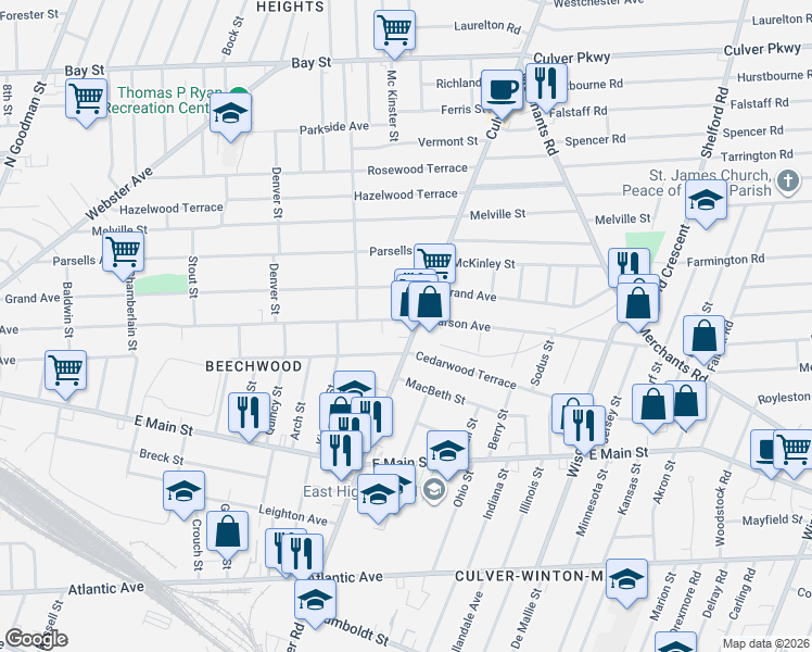 map of restaurants, bars, coffee shops, grocery stores, and more near 810 Garson Avenue in Rochester