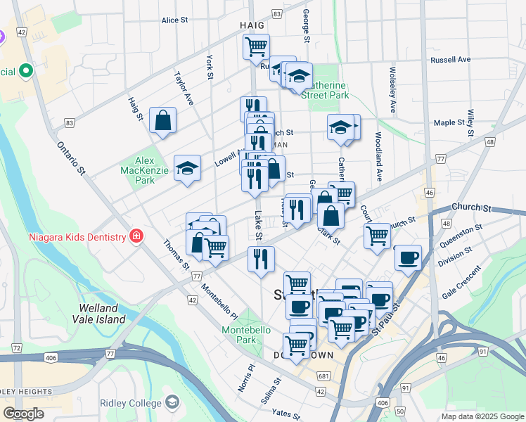 map of restaurants, bars, coffee shops, grocery stores, and more near in St. Catharines