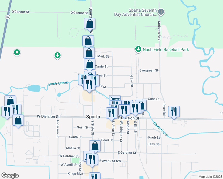map of restaurants, bars, coffee shops, grocery stores, and more near 196 North Union Street in Sparta