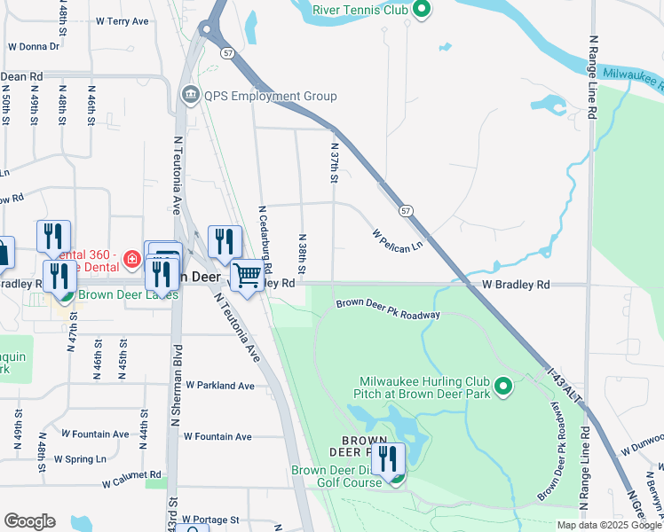 map of restaurants, bars, coffee shops, grocery stores, and more near 8030 North 37th Street in Brown Deer