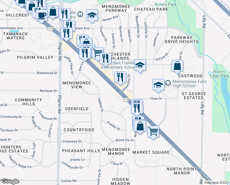 map of restaurants, bars, coffee shops, grocery stores, and more near N80W15039 Appleton Avenue in Menomonee Falls