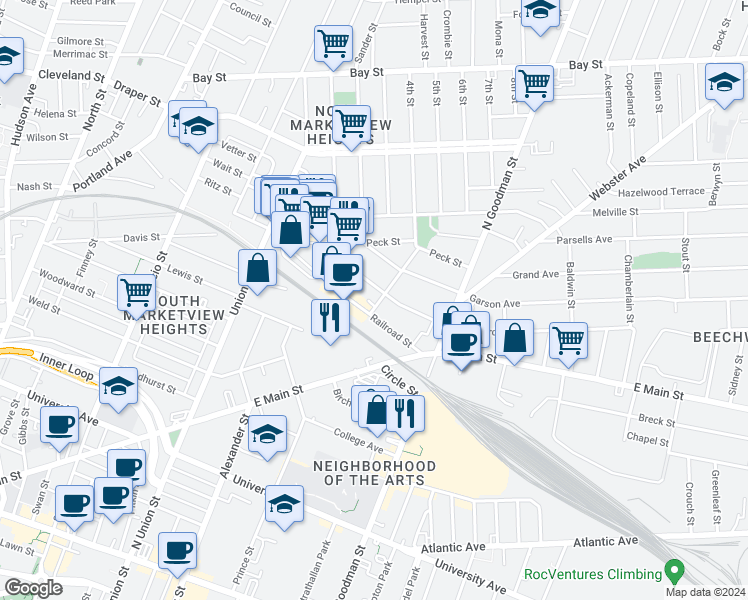 map of restaurants, bars, coffee shops, grocery stores, and more near 183 Hayward Avenue in Rochester