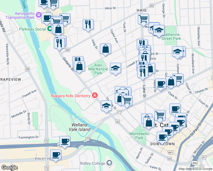 map of restaurants, bars, coffee shops, grocery stores, and more near 12 Chaplin Avenue in St. Catharines
