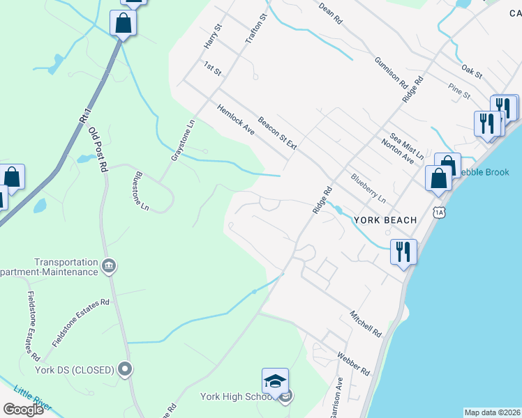 map of restaurants, bars, coffee shops, grocery stores, and more near 5 Ruch Lane in York