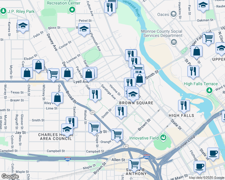 map of restaurants, bars, coffee shops, grocery stores, and more near 413 Verona Street in Rochester