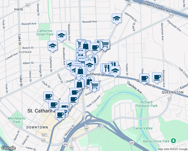 map of restaurants, bars, coffee shops, grocery stores, and more near 176 Church Street in St. Catharines