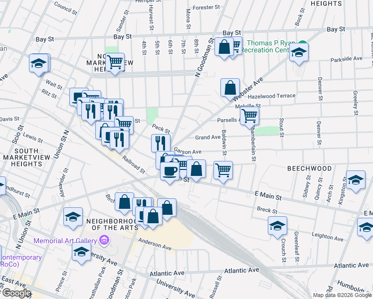 map of restaurants, bars, coffee shops, grocery stores, and more near in Rochester