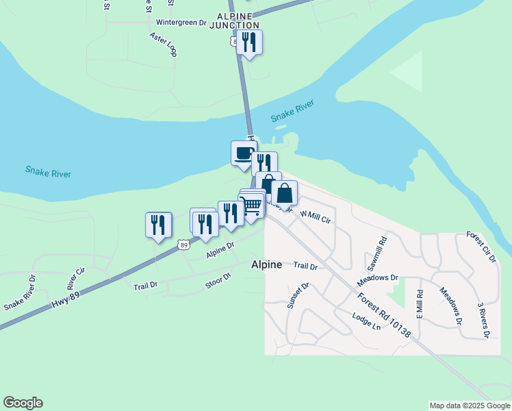 map of restaurants, bars, coffee shops, grocery stores, and more near Forest Road 10138 in Alpine