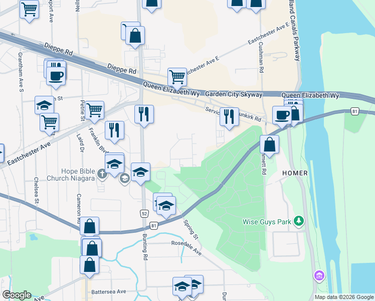 map of restaurants, bars, coffee shops, grocery stores, and more near in St. Catharines