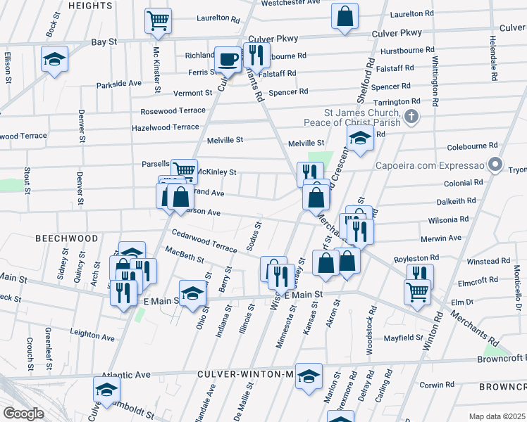 map of restaurants, bars, coffee shops, grocery stores, and more near 795 Grand Avenue in Rochester