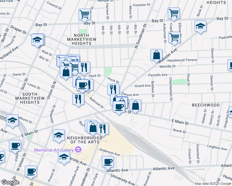 map of restaurants, bars, coffee shops, grocery stores, and more near 533 Goodman Street North in Rochester