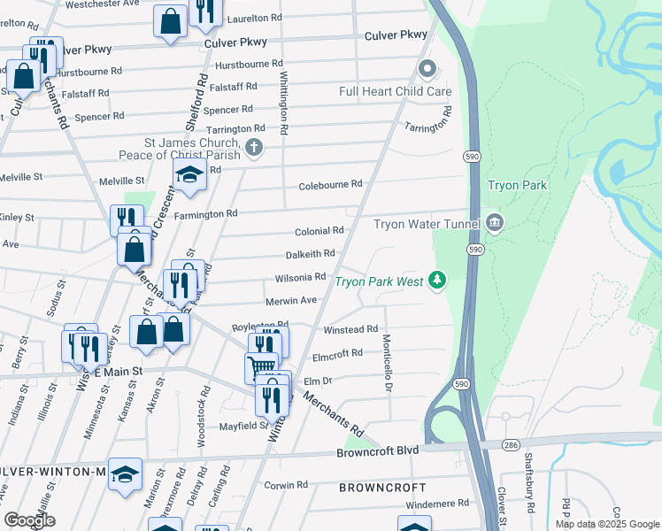 map of restaurants, bars, coffee shops, grocery stores, and more near 961 Winton Road North in Rochester